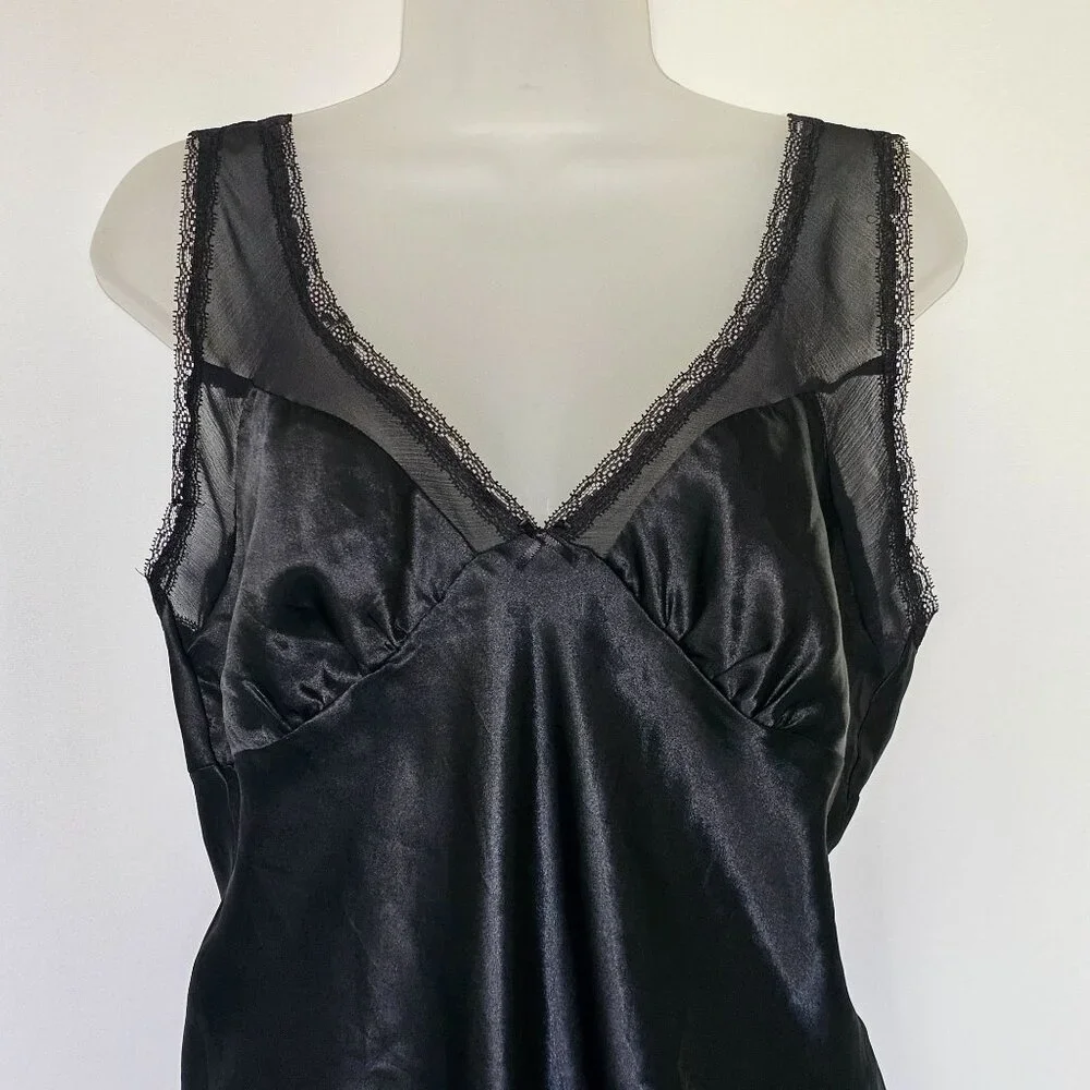 California Dynasty Black Satin‎ Lace Camisole Babydoll Top Size M Whimsigoth 90s